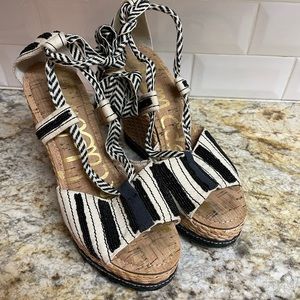 SAM EDELMAN Trey Metallic Espadrilles Wedge Sandals w/Beads, Black/White, Size